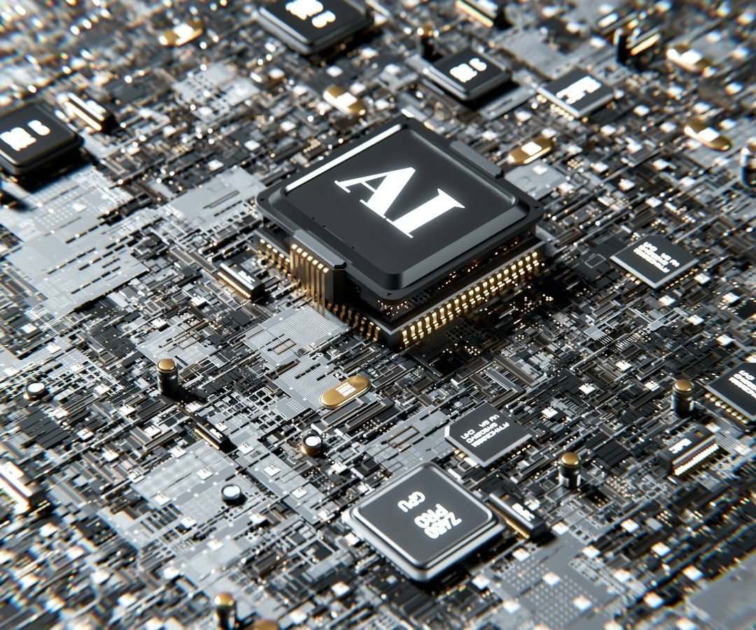 Abstract rendering of an AI processor chip in blue tones