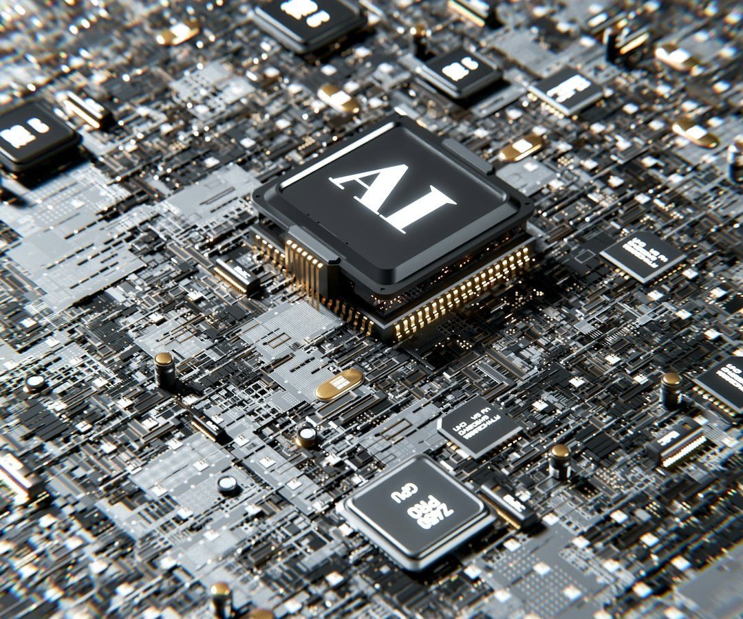 Notebook moderno com chip de computação representando hardware de inteligência artificial local